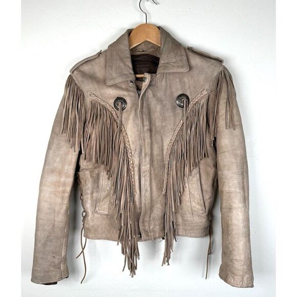 Vtg 90'S Hudson Leather Tan Biker Jacket Fringe Concho Buttons Western Womens M - Picture 1 of 10